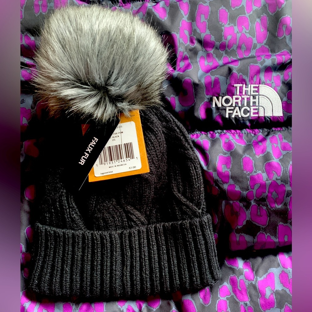 The North Face Oh Mega Fur Pom Cable Knit Black Beanie